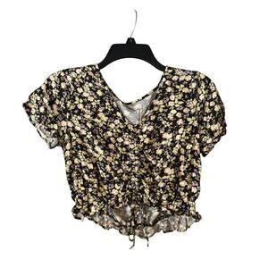 Black Floral Crop Top Shirt Adjustable Ruffle Hem Lightweight Summer Style